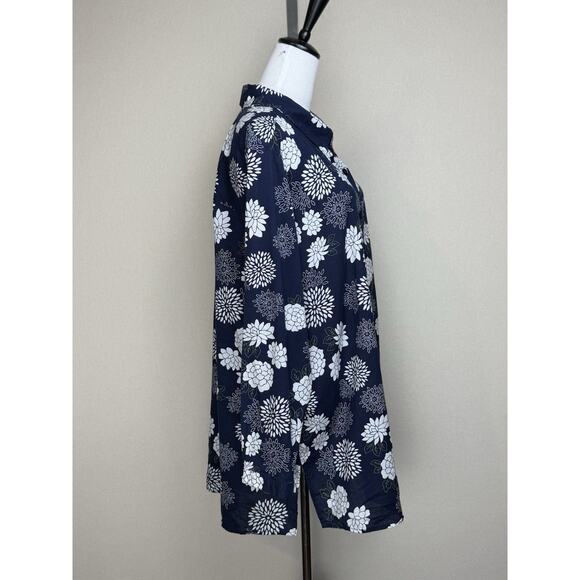 Susan Graver Women’s Plus Sz 2X Cotton Shirt Button Down Floral Print Navy White - Picture 3 of 16